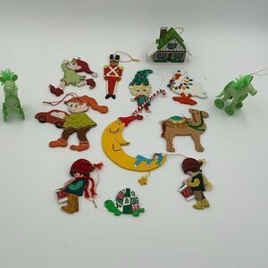 Vtg Christmas Ornaments Wood Hand Painted Lot of 13 Turtle, Moon, Pixie, Soldier
